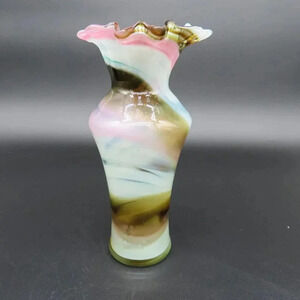 Handblown Glass Pink Swirl Ruffle Vase Multicolor Almost 9 inches tall